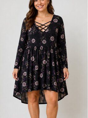 Torrid Floral Crisscross Neck Dress Black Purple Long Sleeve Size 0